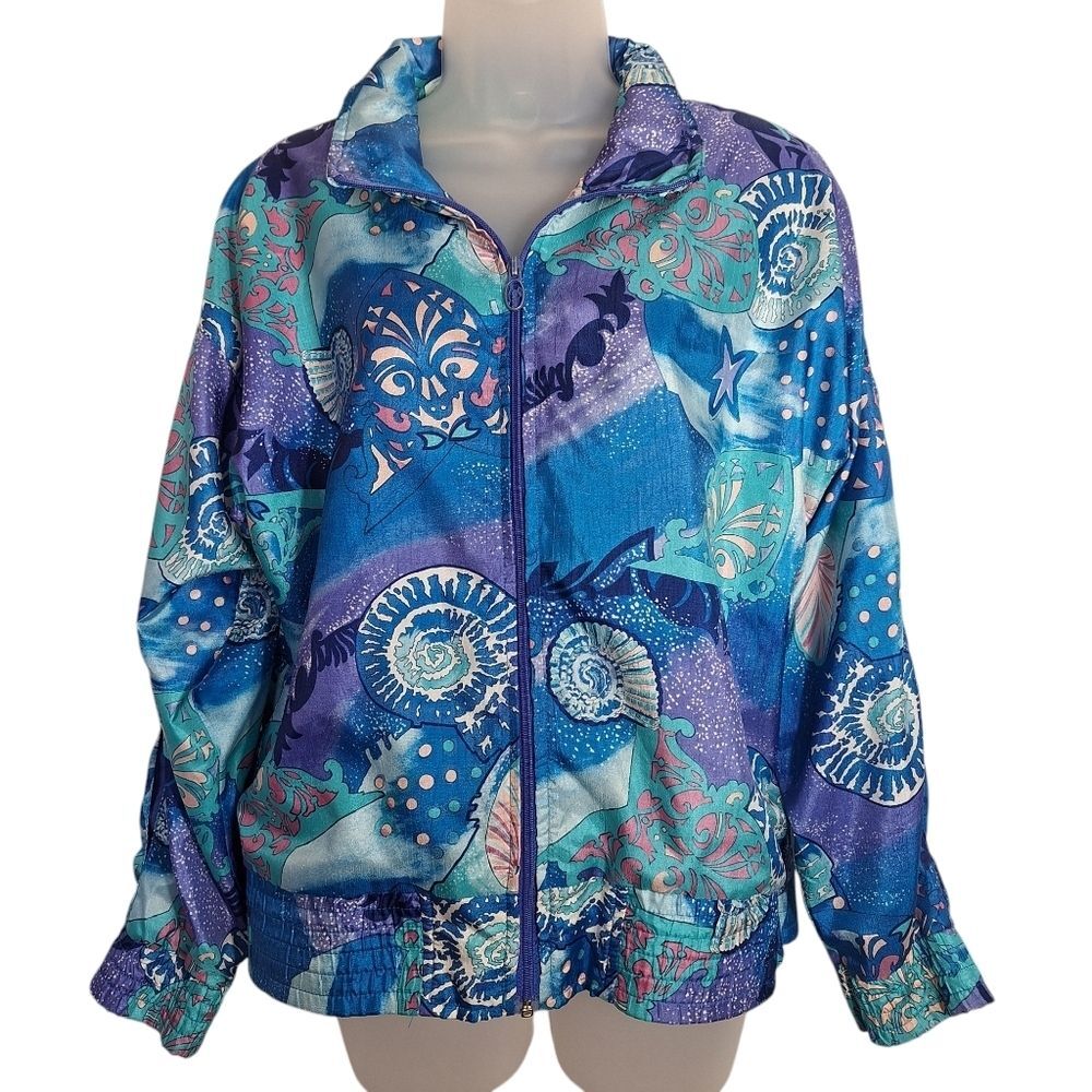 Vintage Lavon Windbreaker Nautical Seashell Coastal Blue Medium Womens